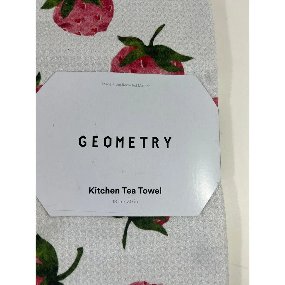 Geometry Kitchen Tea Towel Strawberry Print White Waffle Weave 18x30 Recycled